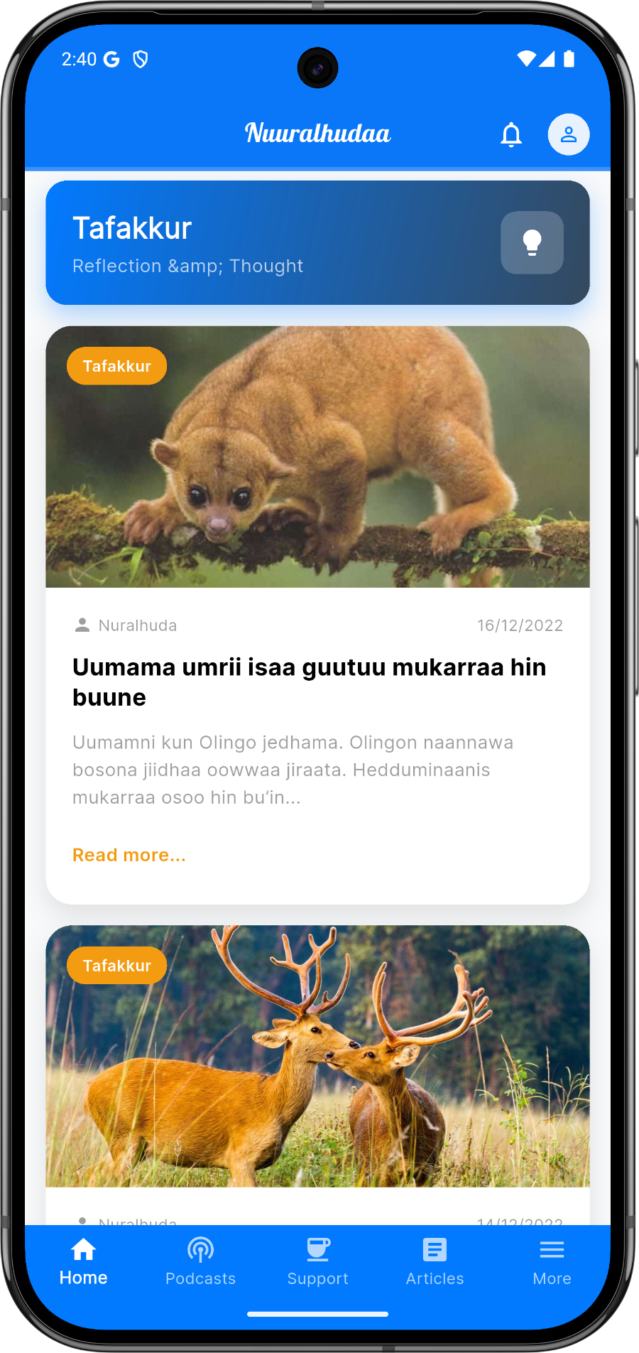 Nuralhuda home feed showing Tafakkur category cards and articles