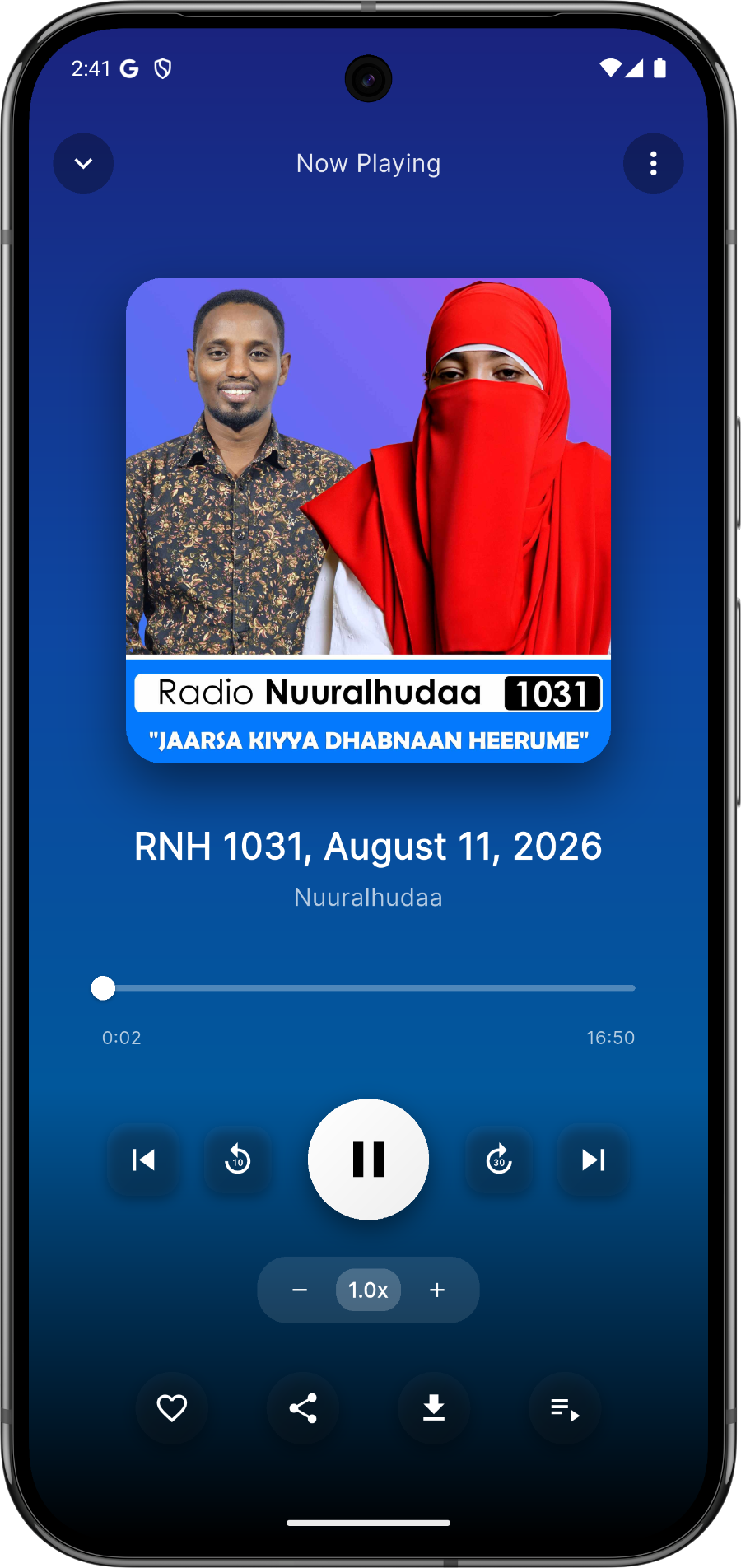 Nuralhuda Now Playing screen with podcast artwork and playback controls
