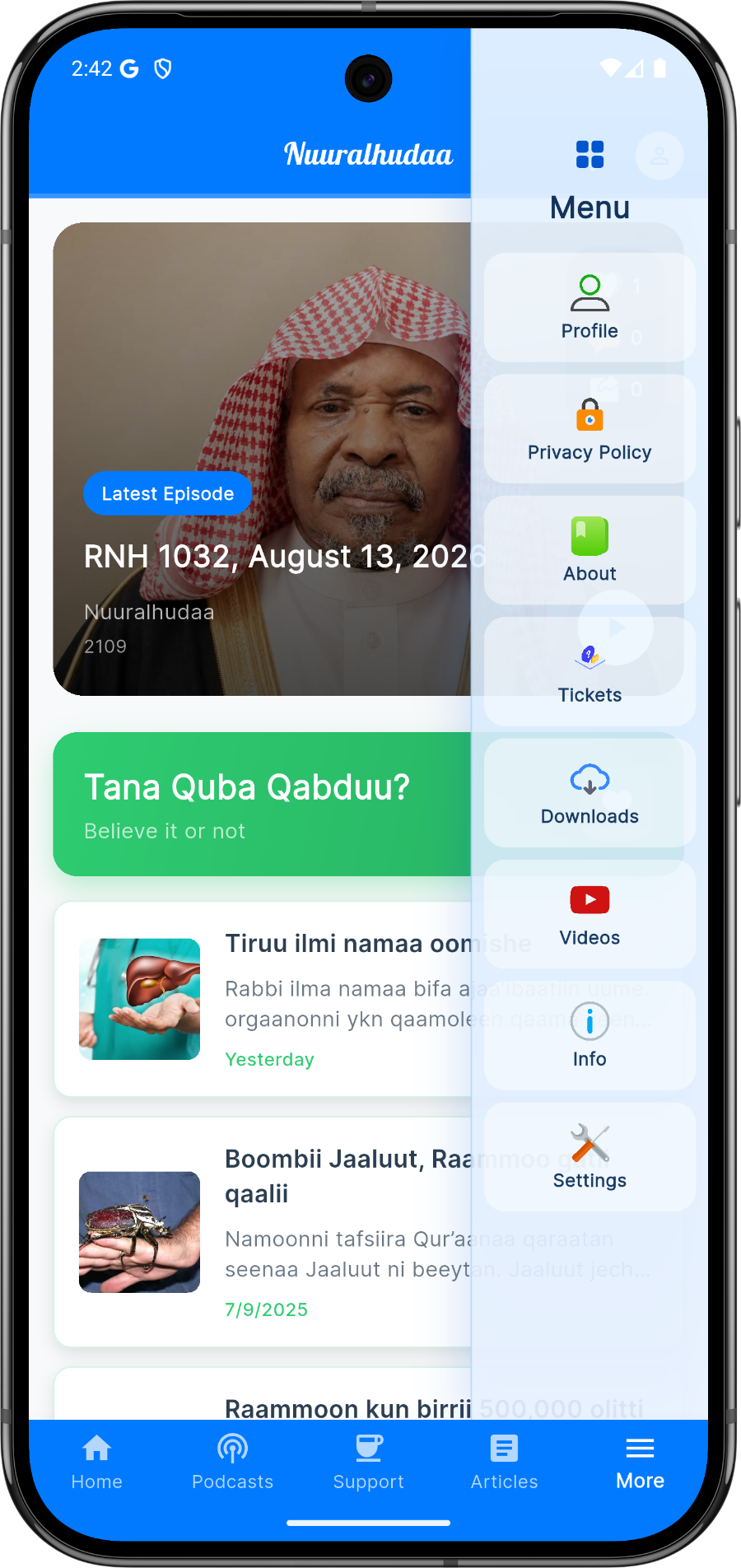Nuralhuda podcasts screen with the menu open, including Downloads and Tickets